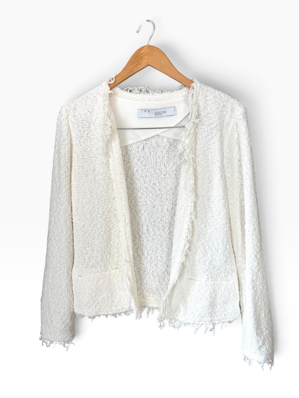 IRO Paris Shavani Ivory Fringed Knit Open Blazer Jacket Size FR 38 / US S